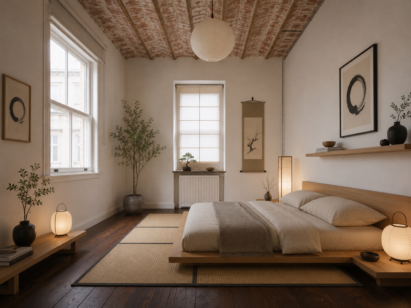 Dasselbe Zimmer im Japandi-Stil: bodennahes Holzbett, Leinen in Naturtönen, Tatami-Teppich, Papierleuchten und Zweige in dunklen Vasen