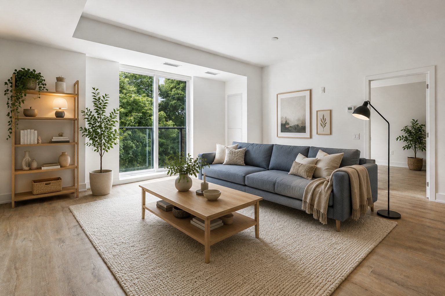 Wohnzimmer nach dem KI-Restyling mit Furnest: graublaues Sofa, Couchtisch aus heller Eiche, Wollteppich und Stehleuchte im skandinavischen Stil